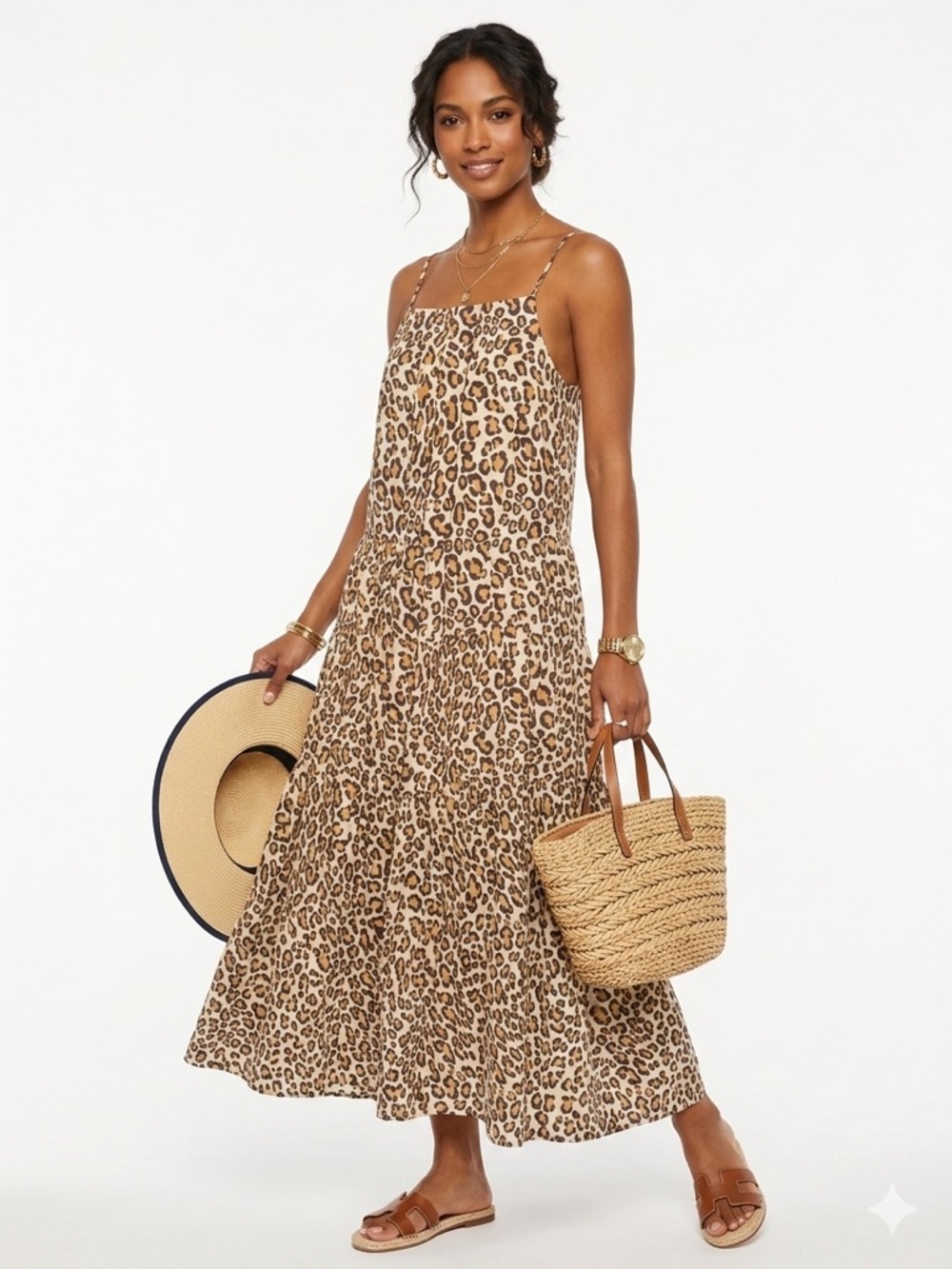 THML Leopard Print Midi Dress Size L Flowy Tiered Spaghetti Strap Resort Chic